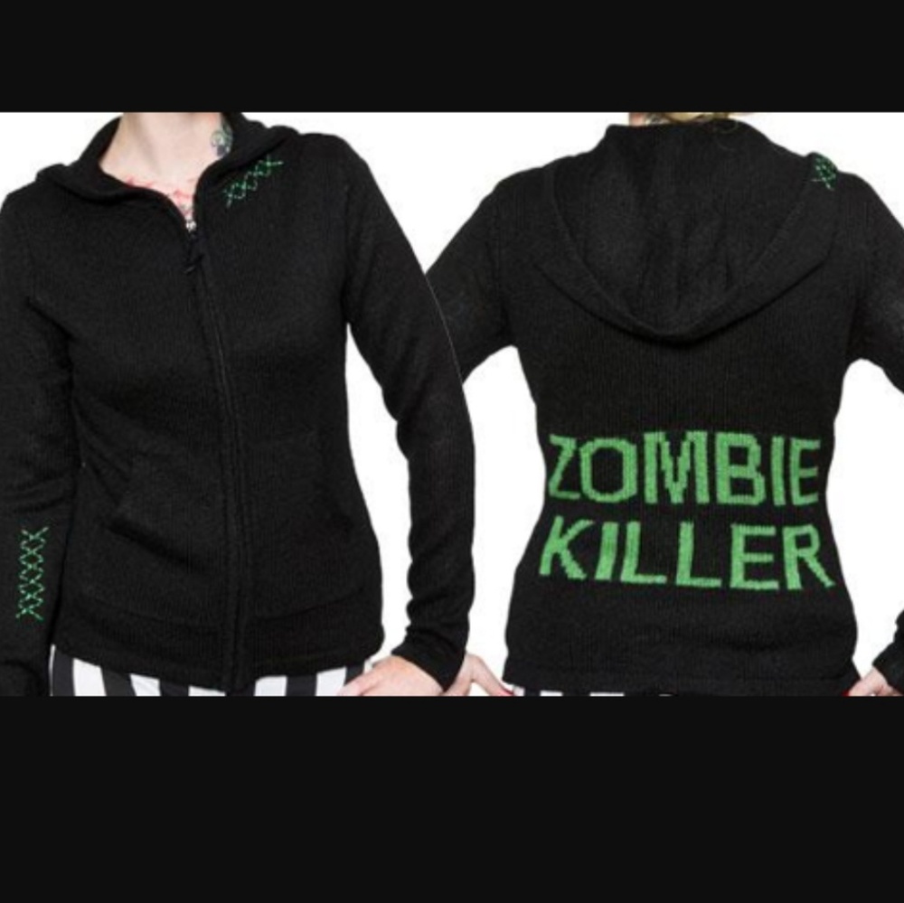 Sourpuss Black Mohair Zip-Up Hoodie Sweater w Green Embroidered Zombie Killer